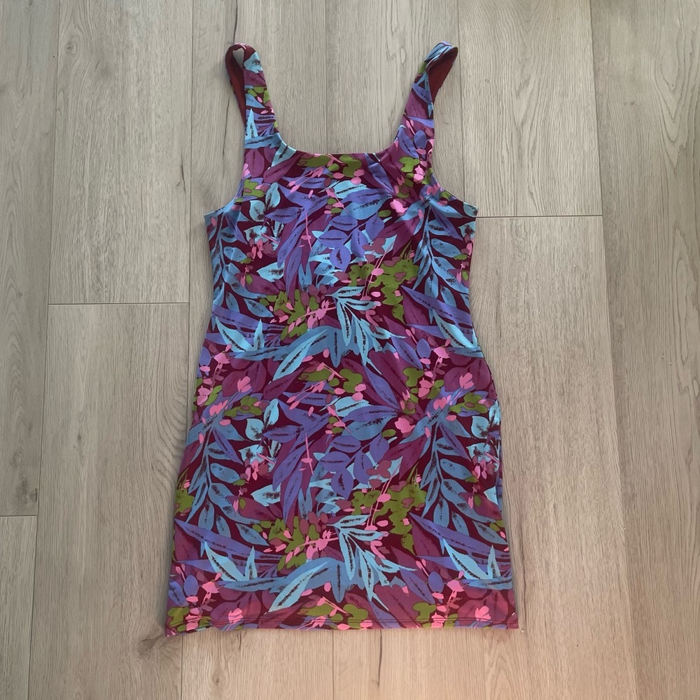 silence + noise Magenta Floral Mini Dress with Blue and Green Leaf Print